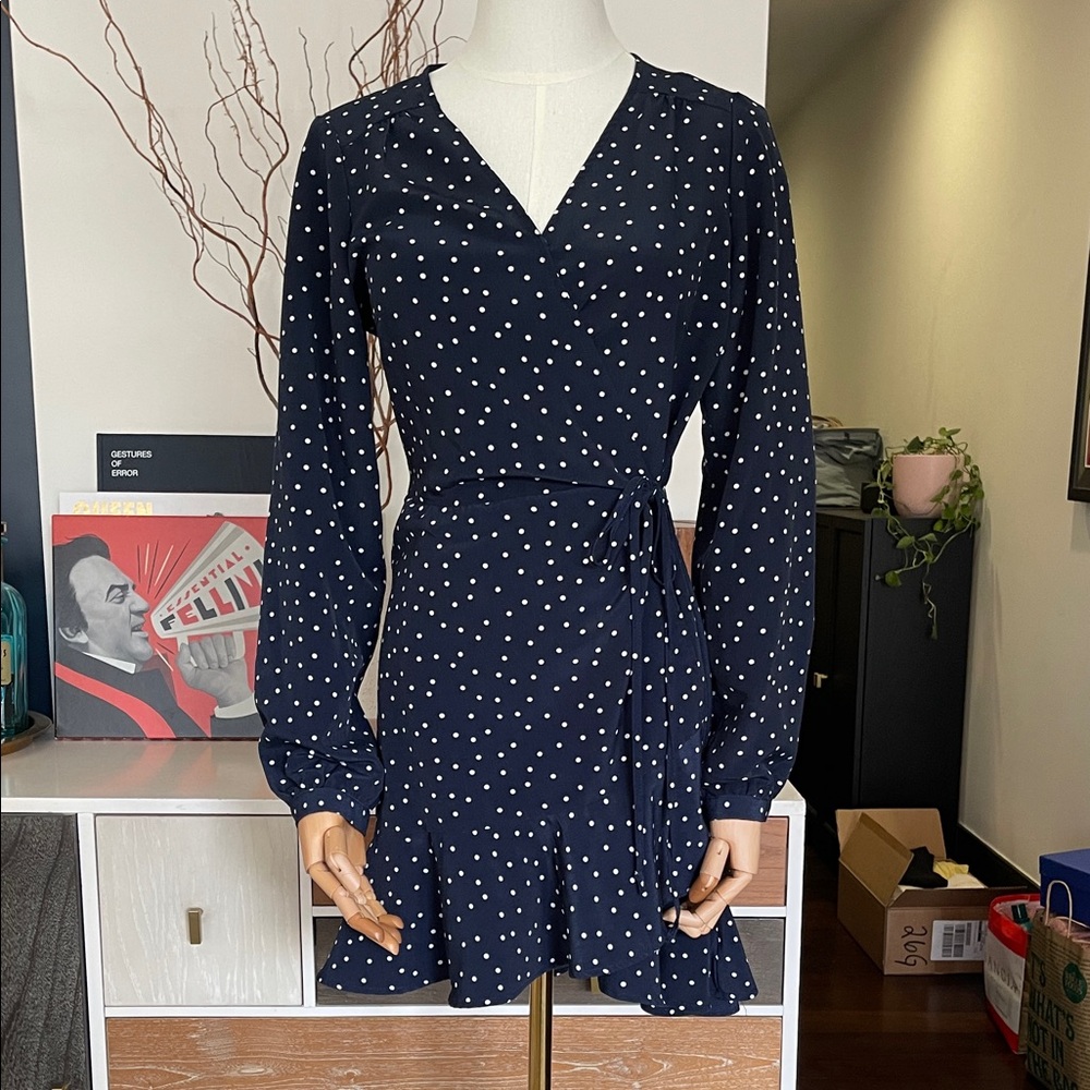 Reformation Navy Long Sleeve Dress with White Dots